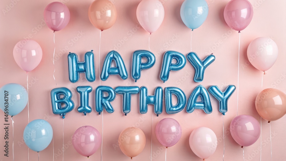Vibrant Birthday Party Decorations with Blue Letter Balloons and Pink, Gold Balloons on a Soft Pink Background Vibrant Birthday Party Decorations with Blue Letter Balloons and Pink, Gold Balloons on a Soft Pink Background