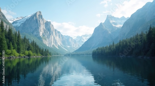 Calm forest lake beneath clear sky and rugged cliffs