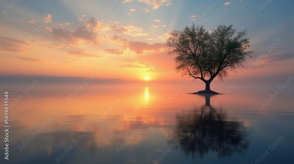 Fototapeta premium A lone tree on calm water at sunset 