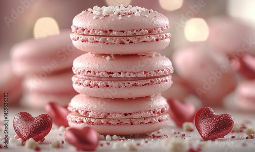 Delicate pink macarons stacked, surrounded by small red hearts and sprinkles. A sweet treat