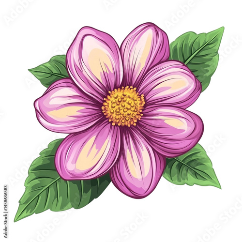 A single pink flower with green leaves a botanical illustration