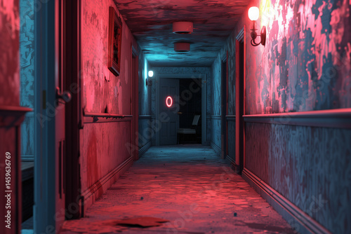 A decaying hotel hallway ends at a mysterious door labeled 