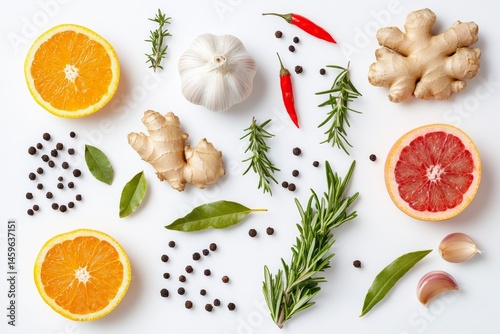 Wallpaper Mural Fresh citrus and spices arranged on a white background.  Ginger, garlic, rosemary, peppers, and various spices are artfully displayed Torontodigital.ca