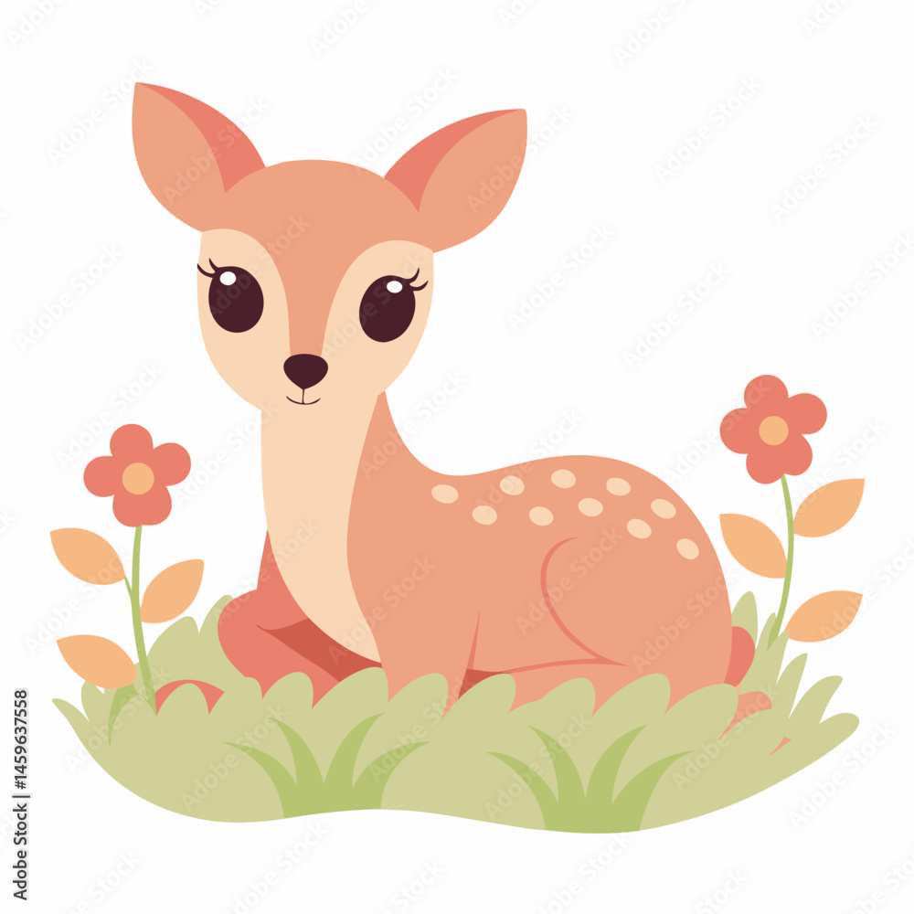 Obraz premium Cute baby deer laying in a flower field vector illustration on white background