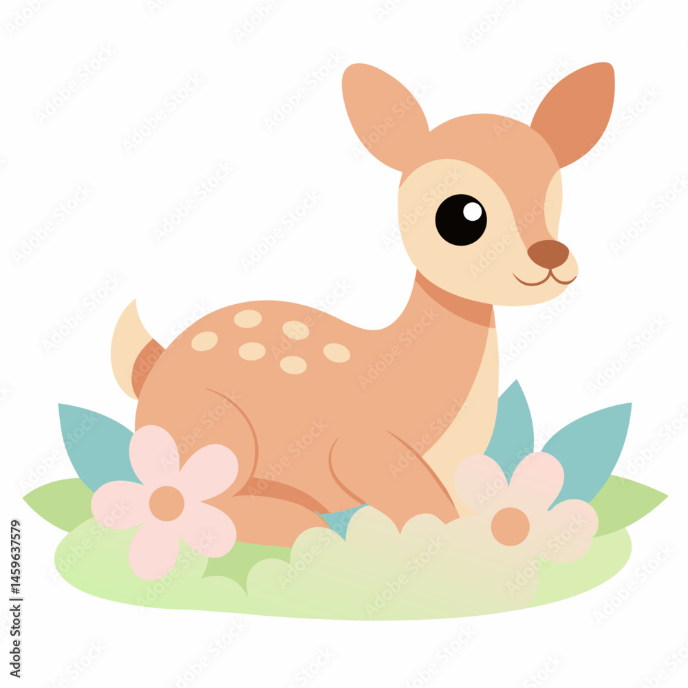 Obraz premium Cute baby deer laying in a flower field vector illustration on white background