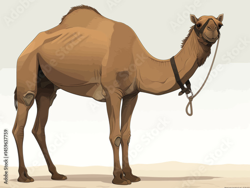 A regal camel stands proudly in a desert setting, depicted in a cartoon style with intricate detail and realistic proportions.