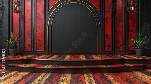 Dramatic Stage Setup with Black and Red Walls and Wooden Flooring