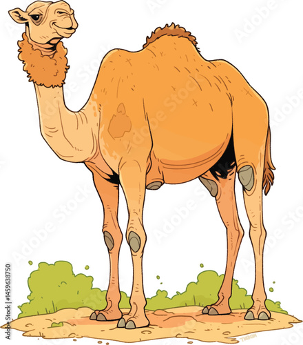 A cartoon camel stands proudly on the desert sand, a creature perfectly adapted to its arid environment.