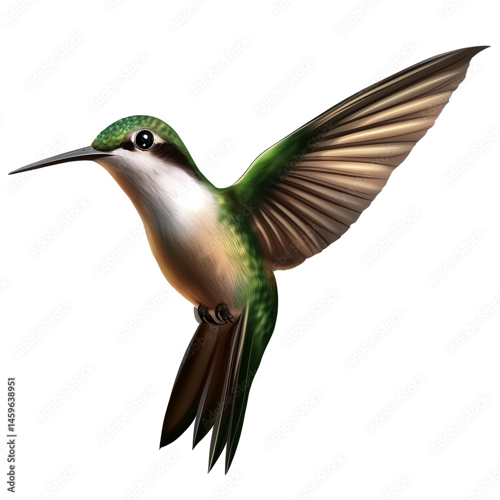 Fototapeta premium A colorful hummingbird in mid-flight, isolated on a transparent background, ideal for nature artwork, wildlife designs and educational materials