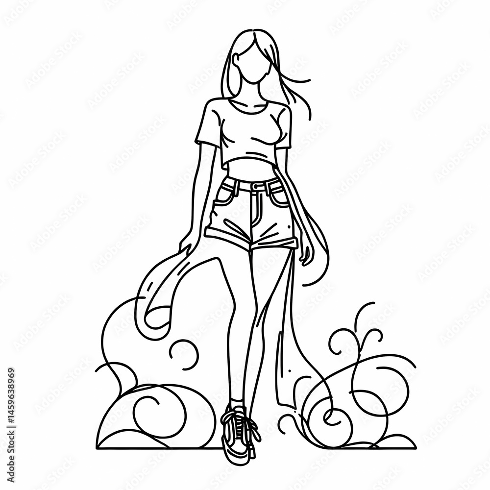 Stylish Woman in Casual Outfit with Flowing Design Elements Stylish Woman in Casual Outfit with Flowing Design Elements
