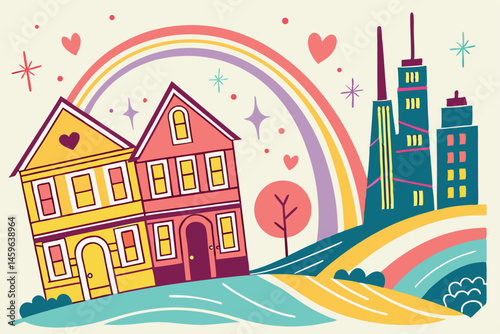 84 Colorful cityscape, vibrant watercolor painting, whimsical architecture, rainbow-colored buildings, abstract urban skyline, playful design, reflections in water, splashes of bright colors, fantasy 
