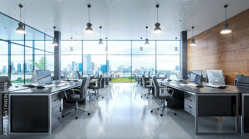Open office with a view from a large window interior. 3d illustration