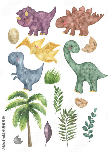 Watercolor set of dinosaurs