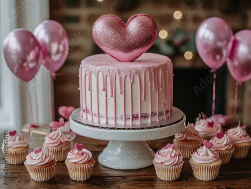 Delicious pink cake with heart topper, surrounded by cupcakes on a rustic table