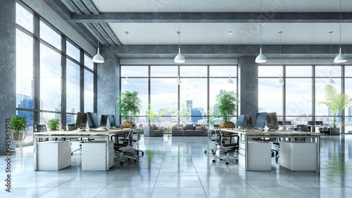 Open office with a view from a large window interior. 3d illustration