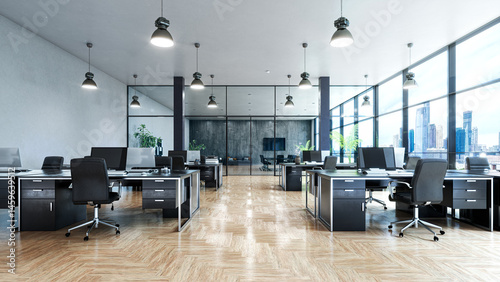 Open office with a view from a large window interior. 3d illustration