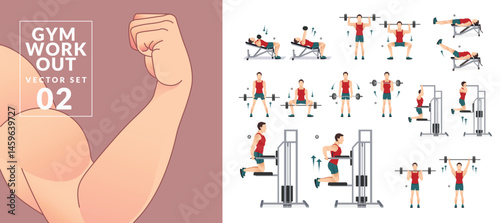 Men GYM workout fitness set, dumbbells and Barbells workouts.

