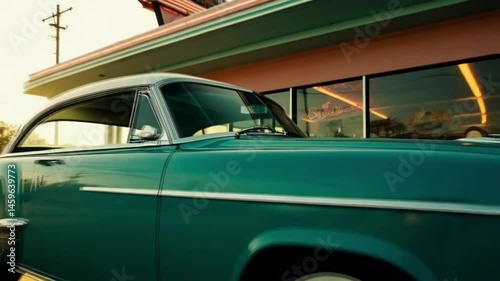 Blue car parked in front of red and white restaurant. Smooth repeating motion for background video animation.