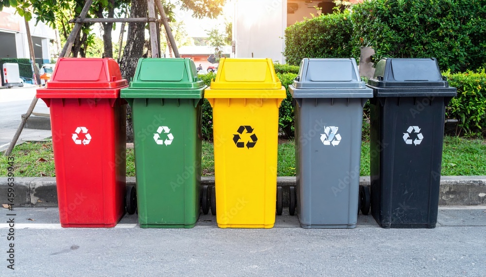A colorful row of trash bins lined up neatly along a sidewalk, each labeled for recycling, compost, and general waste, surrounded by greenery. A colorful row of trash bins lined up neatly along a sidewalk, each labeled for recycling, compost, and general waste, surrounded by greenery.