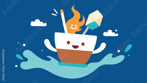 Rowing Adventure In this scene a lively coffee cup with arms extended is passionately paddling in a tiny boat formed out of neatly arranged sugar packets. The surface of the coffee
