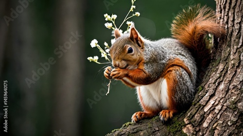 Squirrel with blossoms on a tree