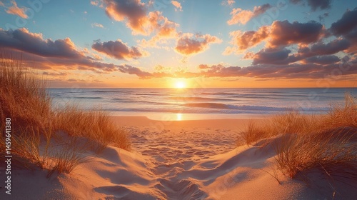 Vibrant Sunset Over Ocean Beach with Golden Sand
