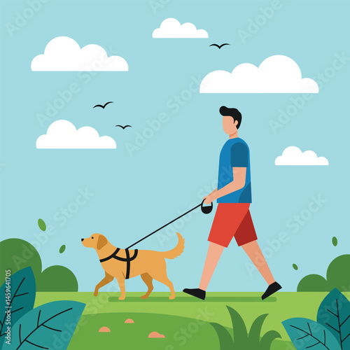 A vibrant vector illustration depicting a cheerful man walking his dog in a lush park, surrounded by greenery, flowers, and a sunny sky with scattered clouds, symbolizing leisure, activity, and tranqu