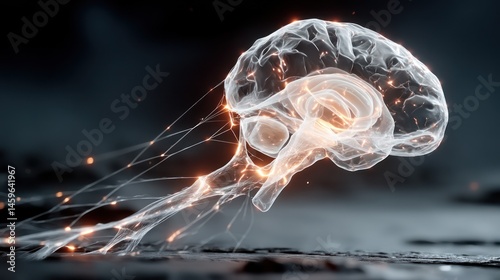 Abstract depiction of a brain,  glowing with energy,  surrounded by neural connections,  against a dark background.  A digital illustration or 3D rendering