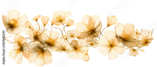 creamy beige and golden abstract floral ornament; row of beautiful flowers isolated over white (transparent) background; delicate decorative element perfect for birthday, wedding invitation, greetings