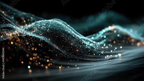 Abstract digital landscape with shimmering particles flowing in teal and gold hues.  A wave-like form, against a black background, creates an ethereal and dynamic scene.