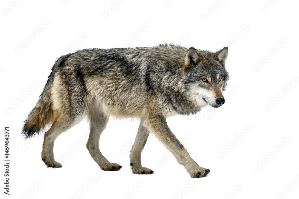 Fototapeta premium Gray wolf walking on transparent background fur
