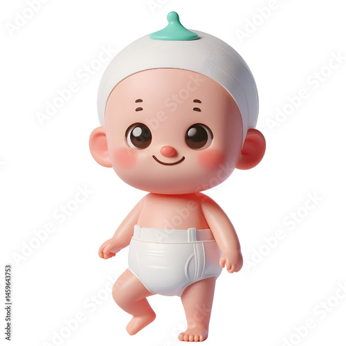 Cute baby character wearing diaper standing on one leg 3d with smiling face isolated on white background