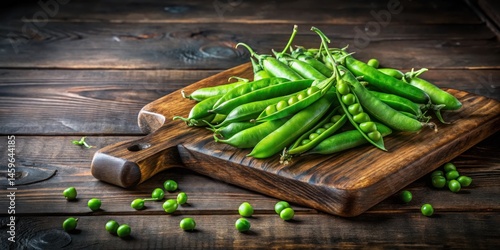 A bountiful harvest of fresh, vibrant green peas rests on a rustic wooden cutting board, showcasing their natural beauty and the promise of delicious culinary creations.