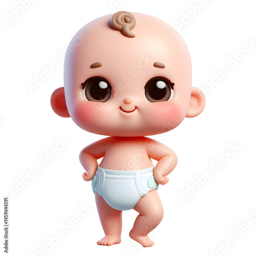 Cute baby character wearing diaper standing on one leg 3d with smiling face isolated on white background