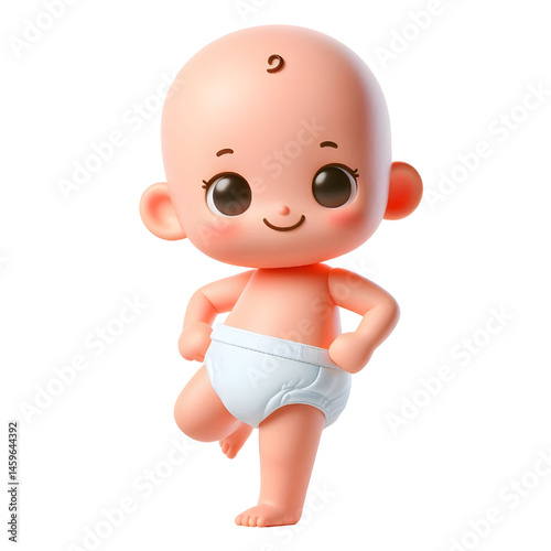 Cute baby character wearing diaper standing on one leg 3d with smiling face isolated on white background