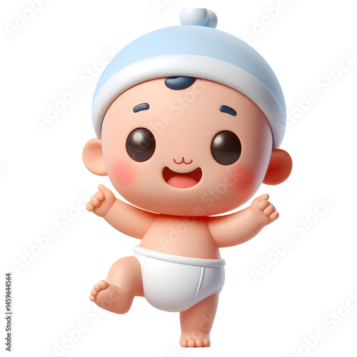 Cute baby character wearing diaper standing on one leg 3d with smiling face isolated on white background