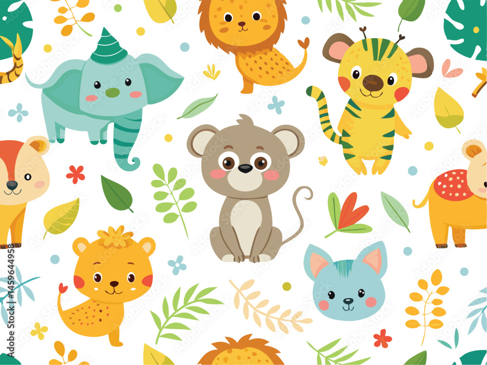 Fototapeta premium Seamless Safari Animal Pattern – Cute Hand-Drawn Jungle Friends for Kids