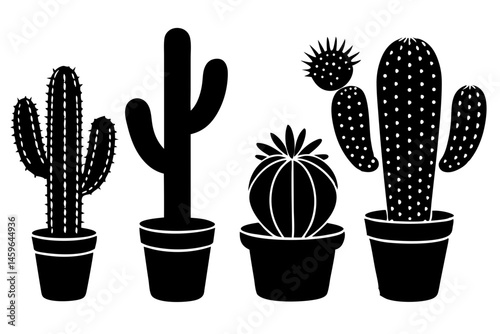 Seven potted cacti silhouette design for interior decor and decoration, cactus, cacti, potted, plant, silhouette, desert, flora, nature, garden, home, decor, decoration, houseplant, succulent, botanic