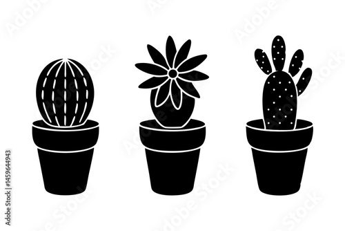 Silhouette of three cacti plants in decorative pots row on white, cactus, cacti, plant, potted, pot, decorative, row, silhouette, black, vector, design, illustration, flora, floral, botanical, garden