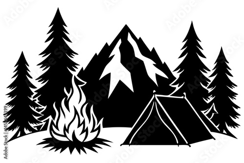 Camping adventure silhouette design with tent and campfire vector art, camping, silhouette, tent, campfire, flame, outdoor, adventure, nature, tourism, travel, vector, illustration, design, icon