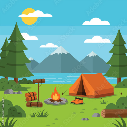 Beautiful illustration of a peaceful campsite featuring a tent and campfire by a tranquil lake under tall mountain peaks, surrounded by green trees in a harmonious nature setting.


