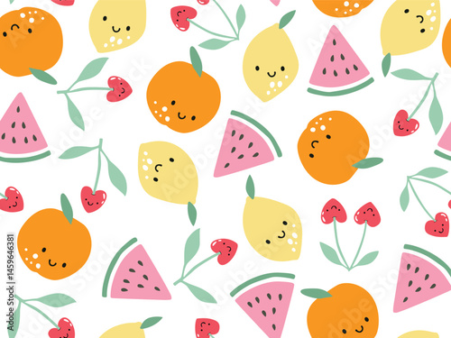 DOODLE SEAMLESS FRUIT PATTERN CHERRY LEMON ORANGE AND WATERMELON PATTERN IDEAL FOR KIDS WEAR, PAJAMA, SLEEPWEAR, WRAPPING PAPER WALL PAPERS VECTOR FILE.