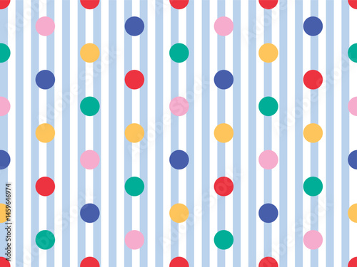 COLORFUL POLKA DOT SEAMLESS PATTERN ON BLUE STRIPE BACKGROUND CIRCUS FUN CIRCUS THEME IDEAL FOR KIDS WEAR, SLEEPWEAR, PAJAMA, WALLPAPER, WRAPPING PAPPER IN VECTOR FILE