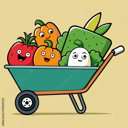  Vector illustration of a wheelbarrow full of vegetables with faces 
