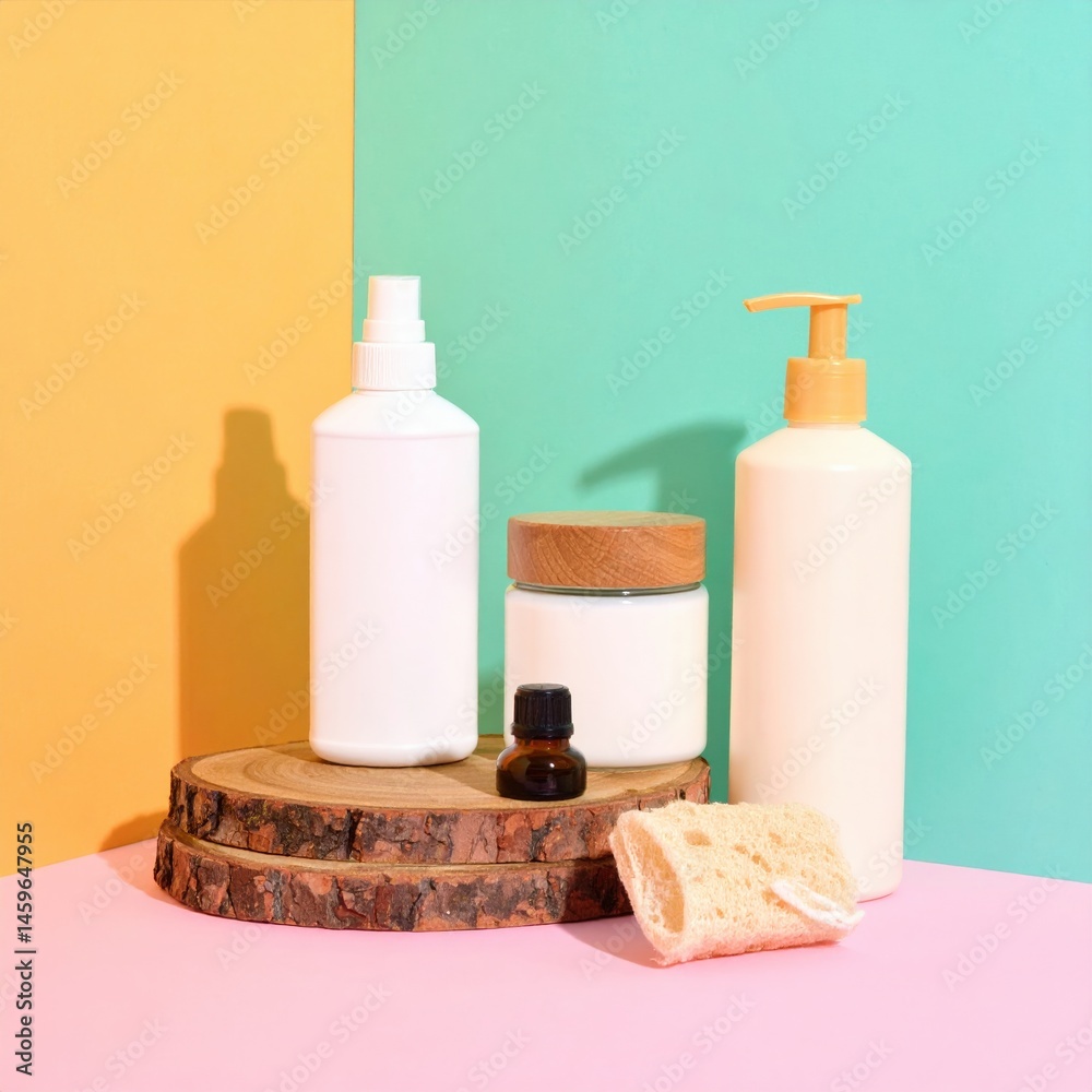 A vibrant pink table displays a stylish soap bottle, a creamy lotion, and various beauty items, creating a cheerful and inviting atmosphere. A vibrant pink table displays a stylish soap bottle, a creamy lotion, and various beauty items, creating a cheerful and inviting atmosphere.