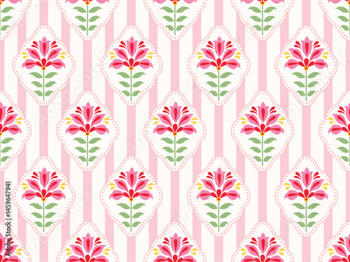 HAND DRAWN FLORAL SEAMLESS PATTERN ON STRIPER BACKGROUND.TRENDY RETRO PINK FLORAL IN OVAL BOTANICAL VECTOR BACKGROUND. IDEAL FOR TEXTILE BABY CLOTHES, WALLPAPER, PACKAGING IN VECTOR FILE.