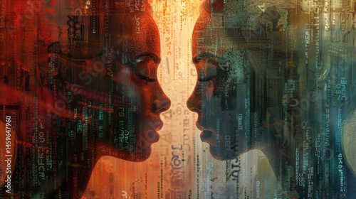 AI bias visualization, two identical profiles with different light tones being filtered by algorithm gate 