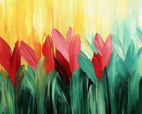 Abstract floral painting, vibrant hues, textured brushstrokes