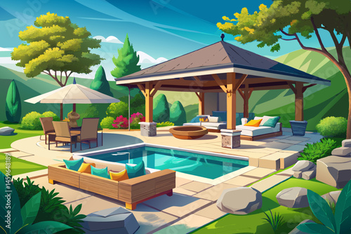 vector of A luxurious backyard oasis features a modern gazebo, an in-ground pool, comfortable patio furniture, stone retaining walls, and lush landscaping that create sophisticated outdoor living.