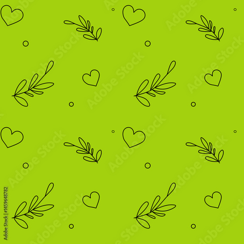 Vibrant hand-drawn pattern with leaves and hearts on a neon green background, ideal for nature-inspired designs, eco-friendly products, or modern home decor.